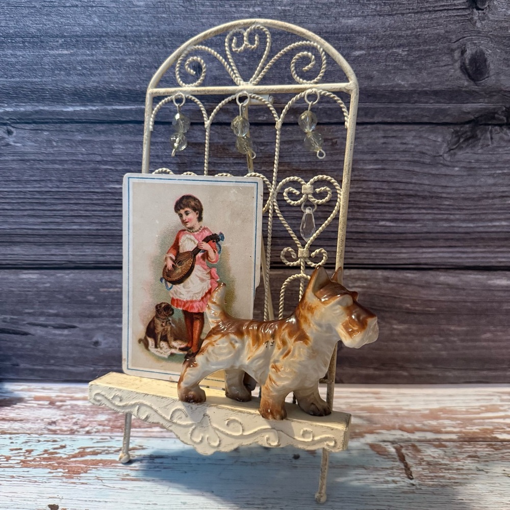 Shabby Chic Cottage style easel antique Laurel Soap trading card ceramic terrier